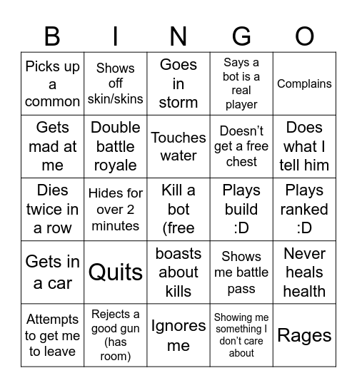 Fortnite bingo Card