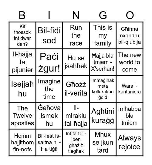 Kingdom melodies Bingo! Bingo Card