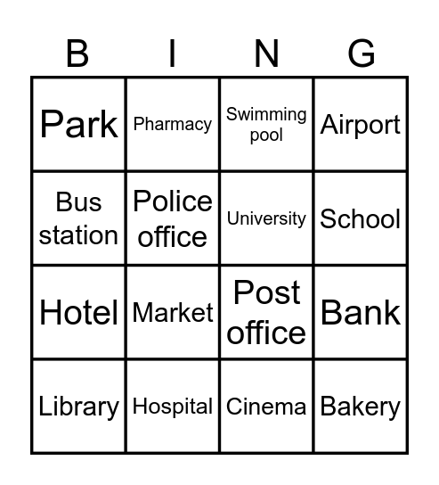 Places in the town Bingo Card