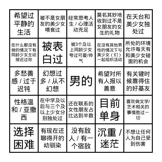 galgame男主宾果，连成一线你就是旮旯男主 Bingo Card