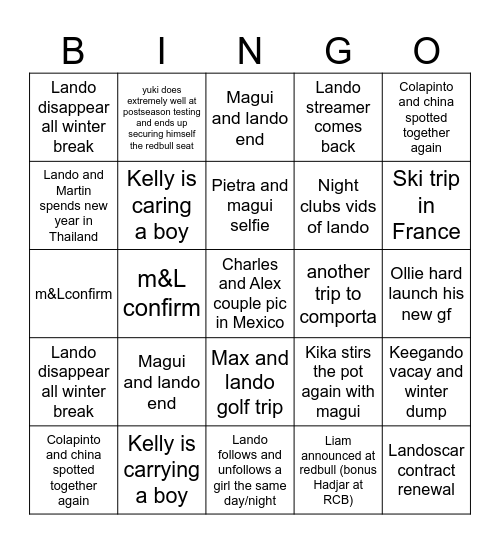 Winter break Bingo Card