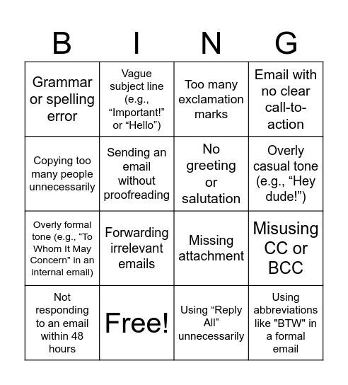 Common Email errors Bingo Card