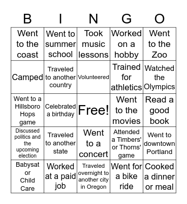 Summer Vacation Bingo Card