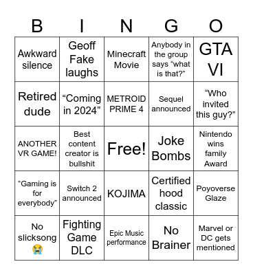 The Game Awards 2024 Bingo Card