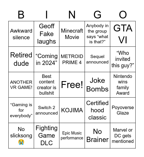 The Game Awards 2024 Bingo Card