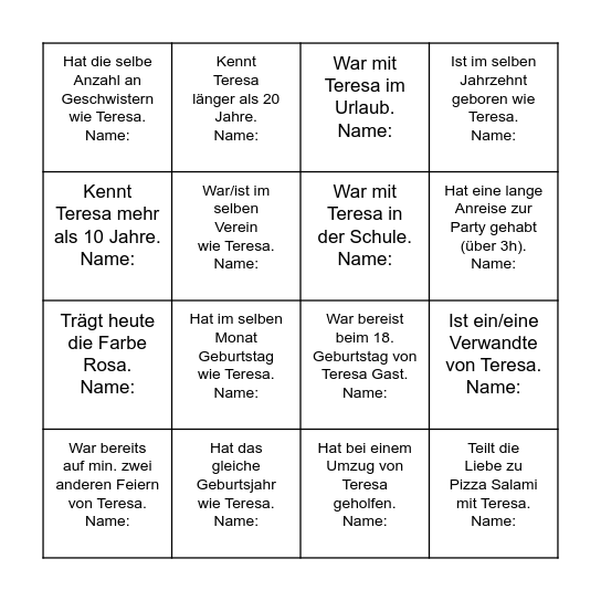 Teresas Geburtstags-Bingo Card