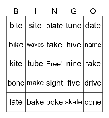 VCe Words a and i Bingo Card