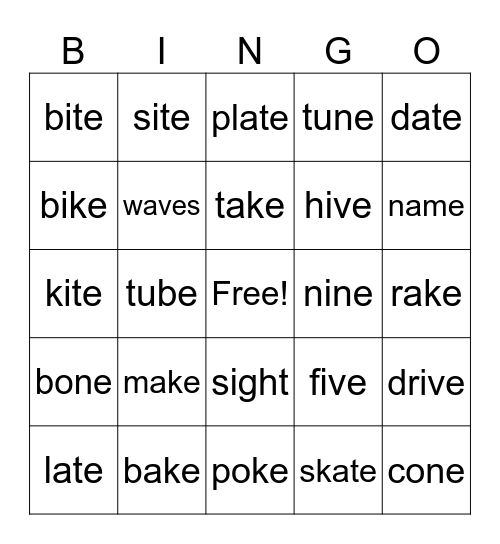 VCe Words a and i Bingo Card