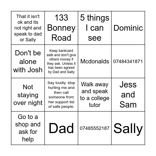 Bethany's Safety Panning Bingo Card