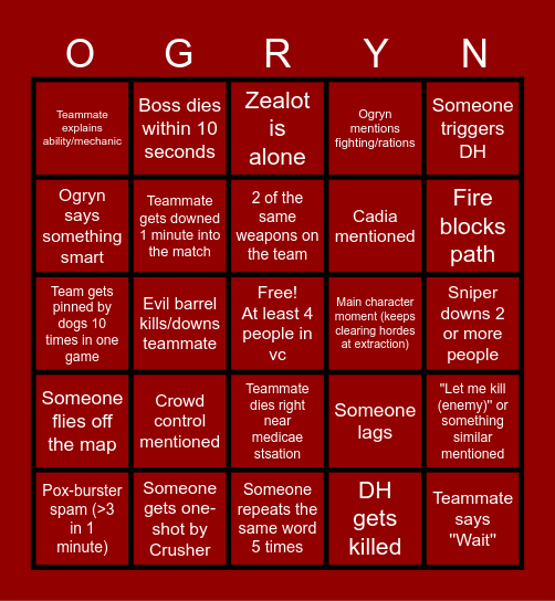 Darktide Bingo: Drunk Ogryn Edition Bingo Card