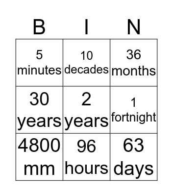 Converting Time Units Bingo Card