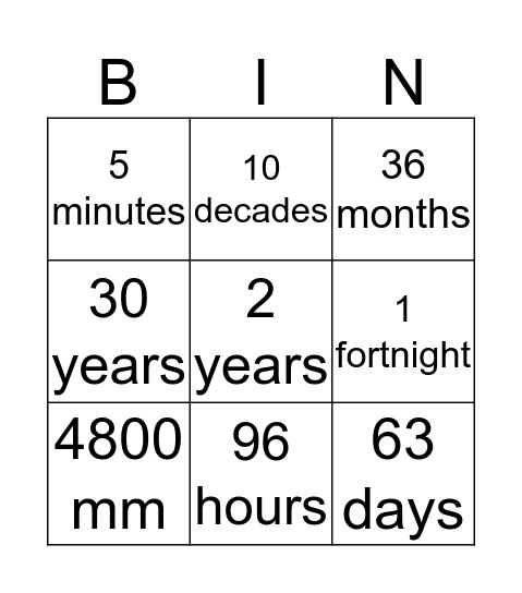 Converting Time Units Bingo Card