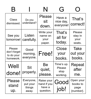 Classroom English Bingo Card