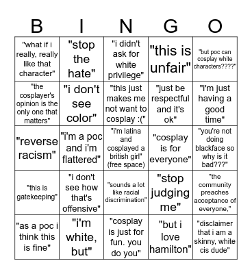 geekycon facebook racists bingo Card