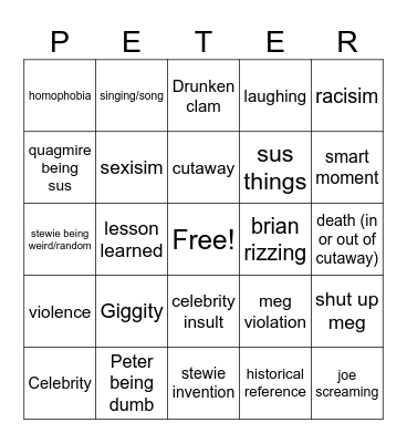 Family guy bingo Card