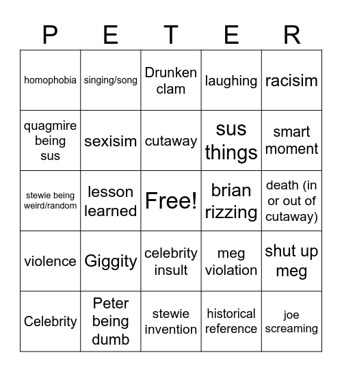 Family guy bingo Card