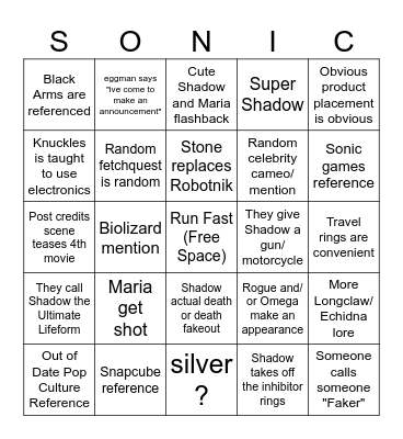 Sonic Movie 3 Bingo Card Bingo Card