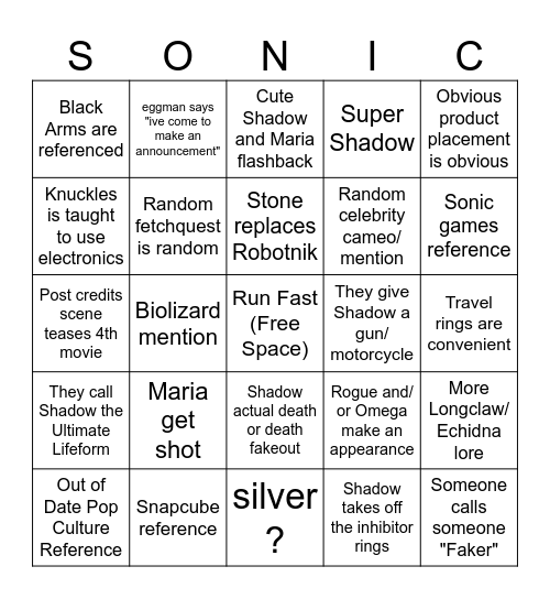 Sonic Movie 3 Bingo Card Bingo Card