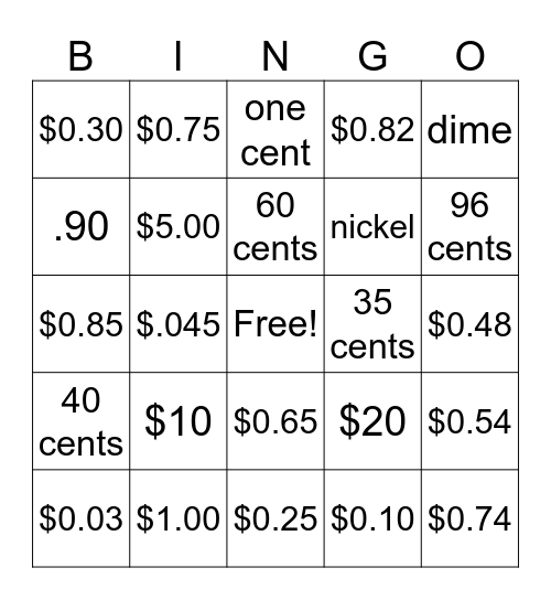 U.S. Money Bingo Card