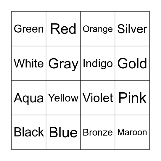 Color Words Bingo Card