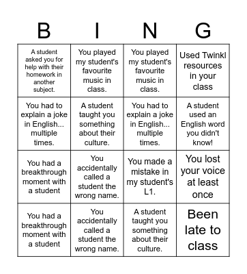 Great Big End of Year ESL Party Bingo Card