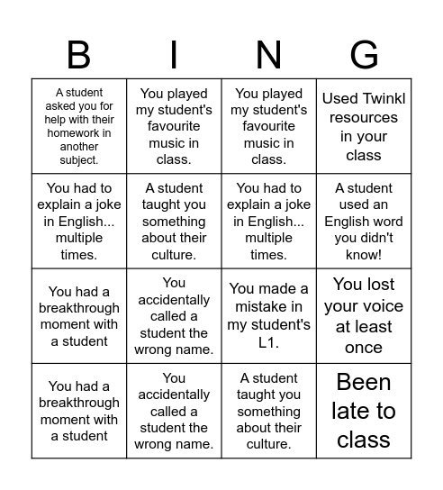 Great Big End of Year ESL Party Bingo Card