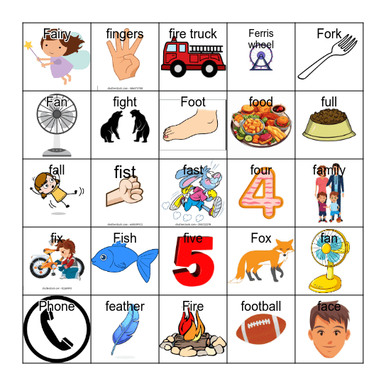 /f/ intial sound speech bingo Card