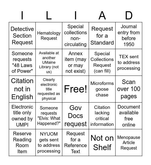 ILL Lending Bingo Card