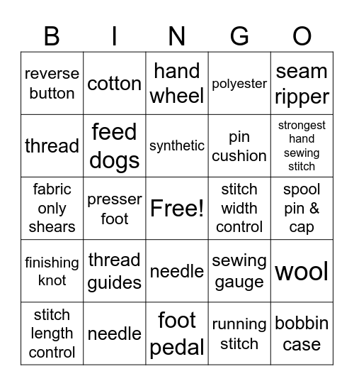 SEWING Bingo Card