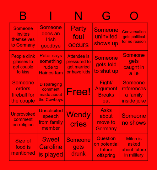 Bridal Bingo Card