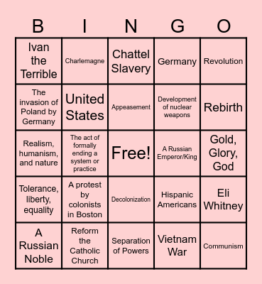 WH Final Exam BINGO Card