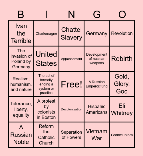 WH Final Exam BINGO Card