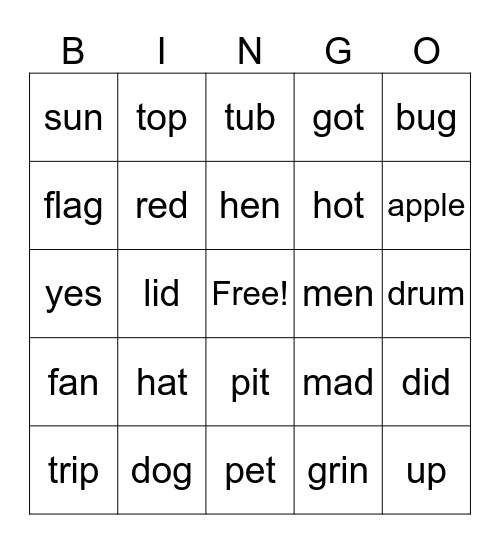 Short Vowel Words Bingo Card