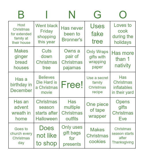 Christmas SPAA Bingo Card