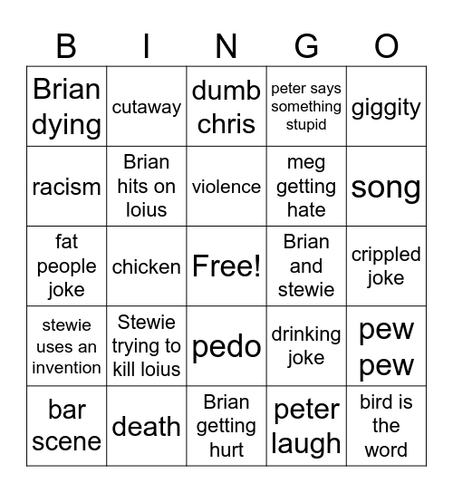 Family Guy Bingo Card