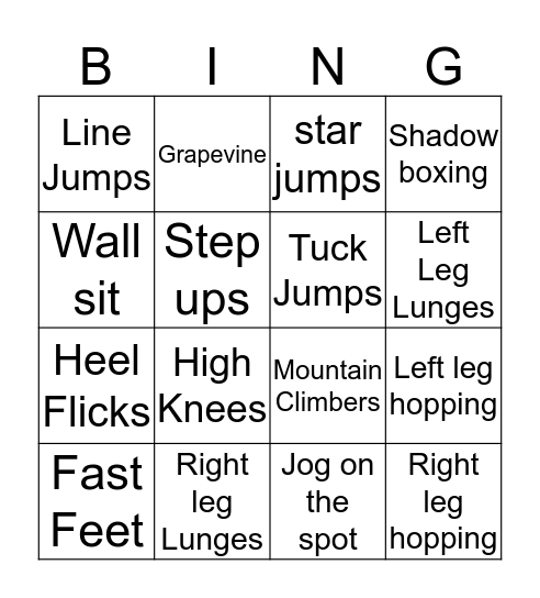 Fitness Bingo Card