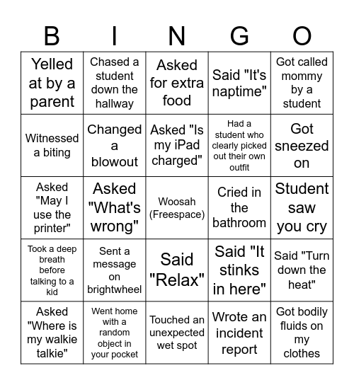 Childcare Bingo Card