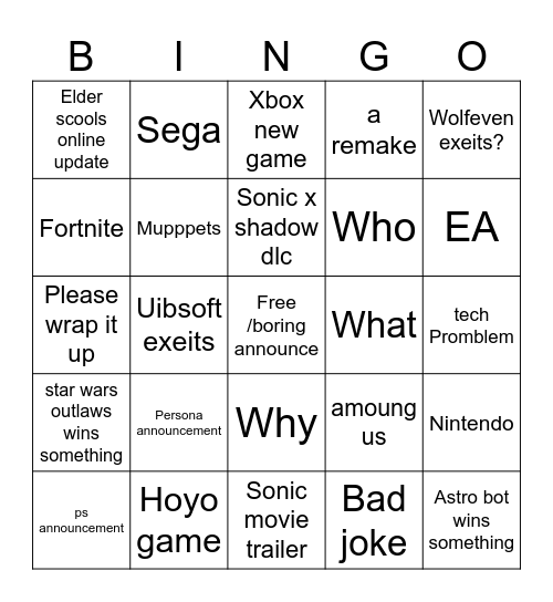 Game award Bingo Card