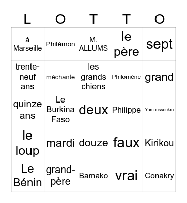 La lotto du 10 décembre Per3 Bingo Card