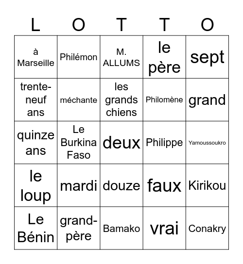 La lotto du 10 décembre Per3 Bingo Card