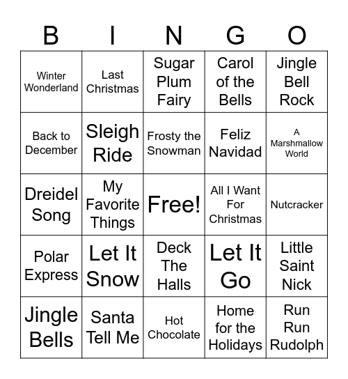 Holiday Song Bingo Card