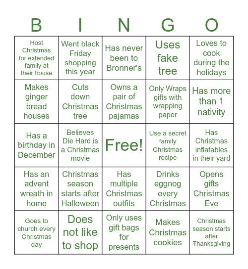 Christmas SPAA Bingo Card