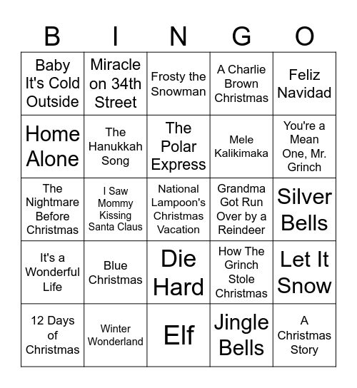 Holiday Song and Movie Bingo Card