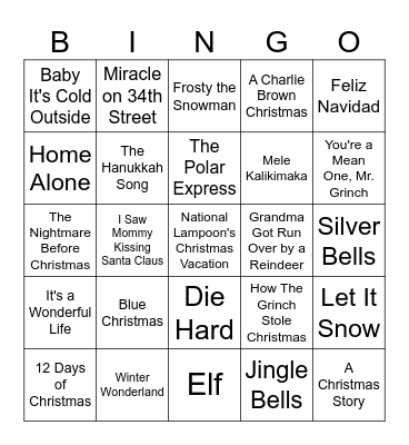 Holiday Song and Movie Bingo Card