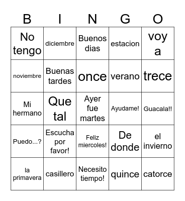 6th Spanish Bingo Card