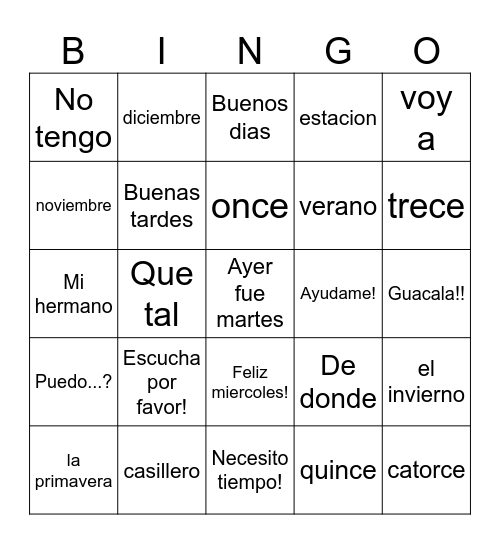 6th Spanish Bingo Card