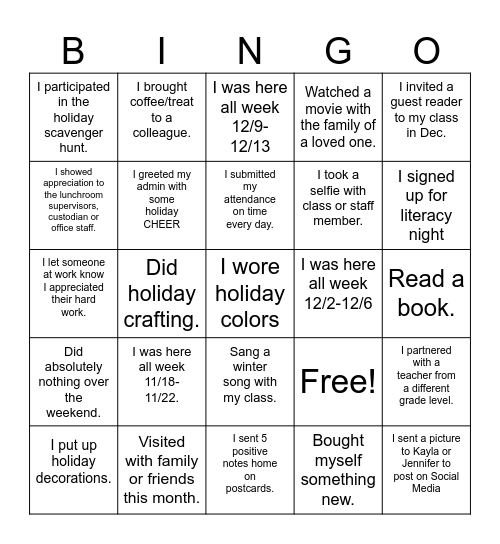 Staff Christmas Bingo Card