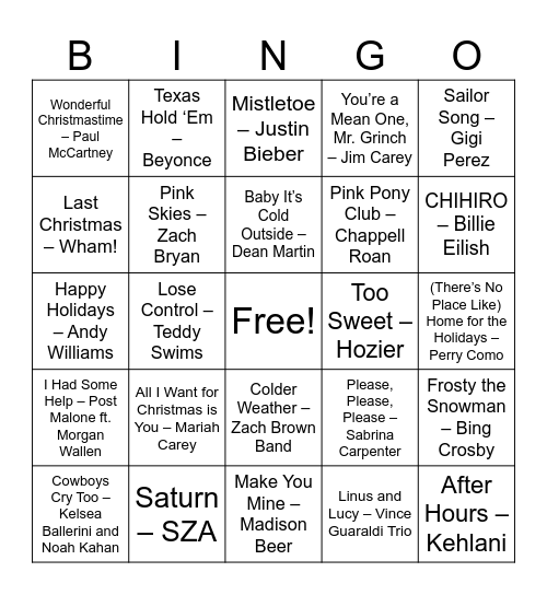 Cisco Music Bingo Card