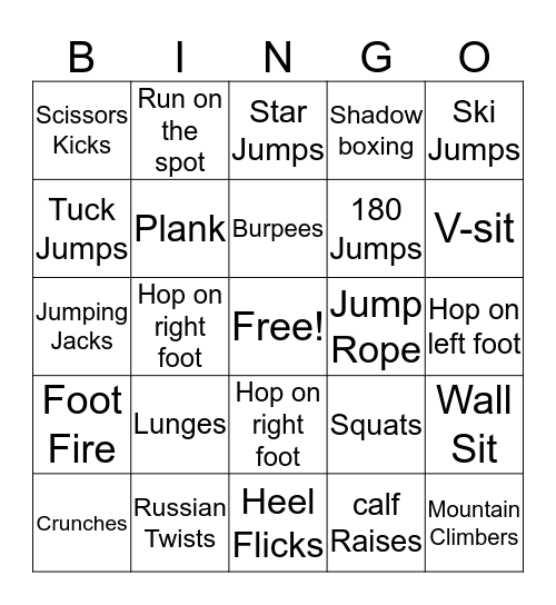 Fitness Bingo Card