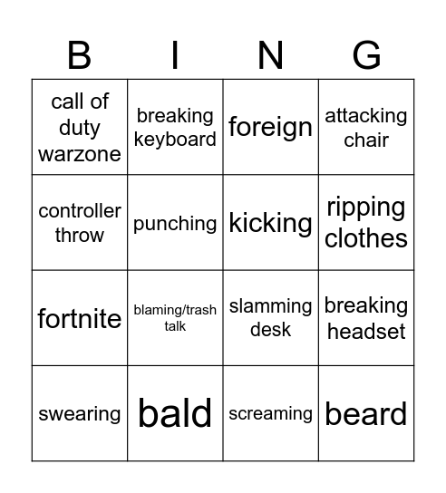 gamer rage bingo Card